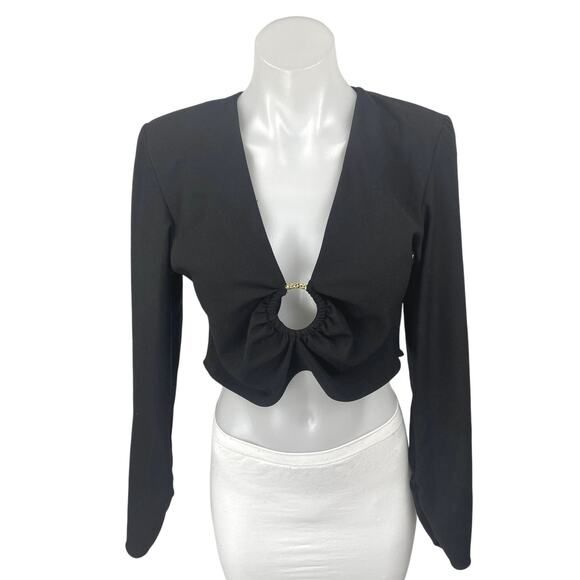 Zara Women's Black Long Sleeve Ring Deep V Neck Knit Blouse Crop Top Size M - Picture 1 of 4